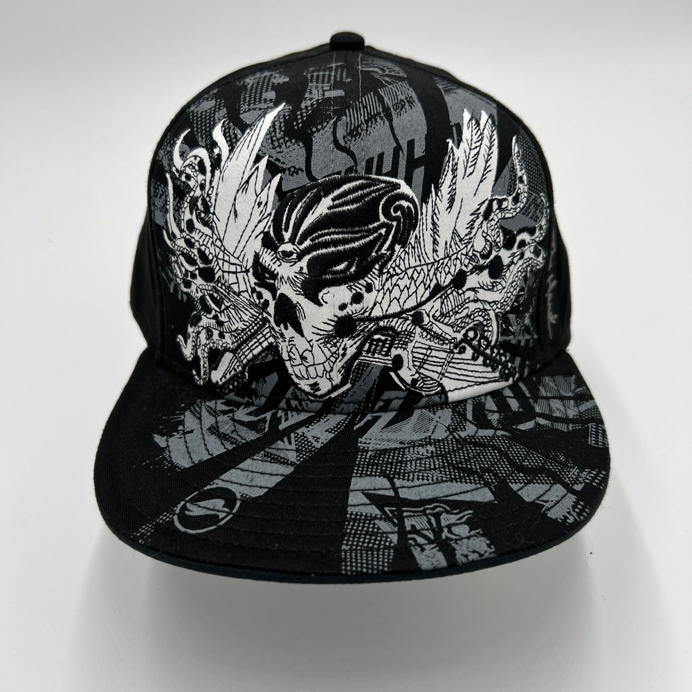 Tony Hawk Skull Graphic Hat Black Grey Flat Brim A-Flex L/XL New With Tags 2009